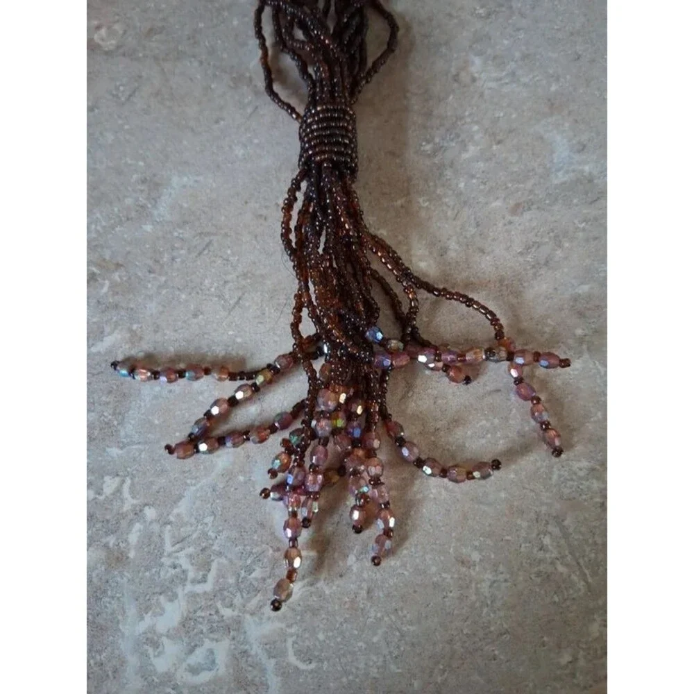 Brown Iridescent Seed Bead Multi Strand Knotted Tassel Lariat Statement Necklace